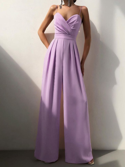 Graceful Purple Spaghetti-Straps Sweetheart Women's Jump Suit With Pleats