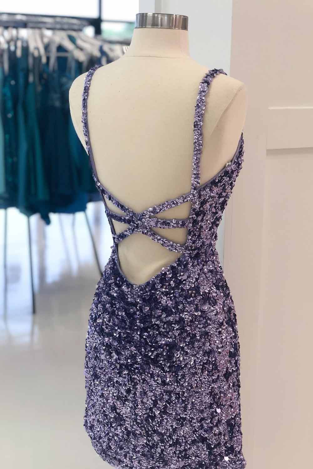 Sheath Spaghetti Straps Purple Sequins Short Cocktail Dress-BMbridal