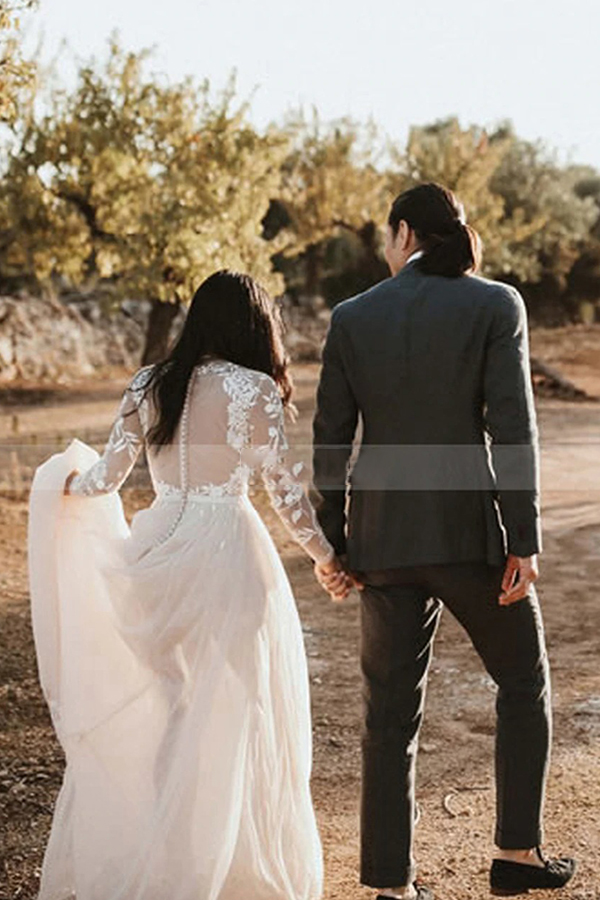 Stylish Lace Long Sleeves Scoop Sweep Train A-Line Wedding Dress