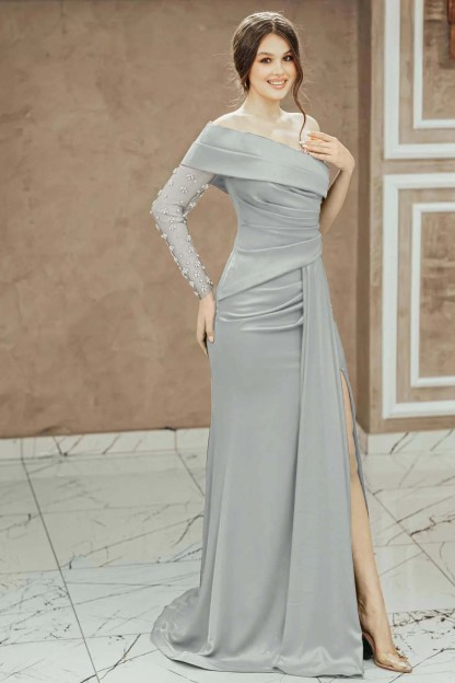 Red Beadings One Shoulder Pleated Prom Dress Split Mermaid With Long Sleeve