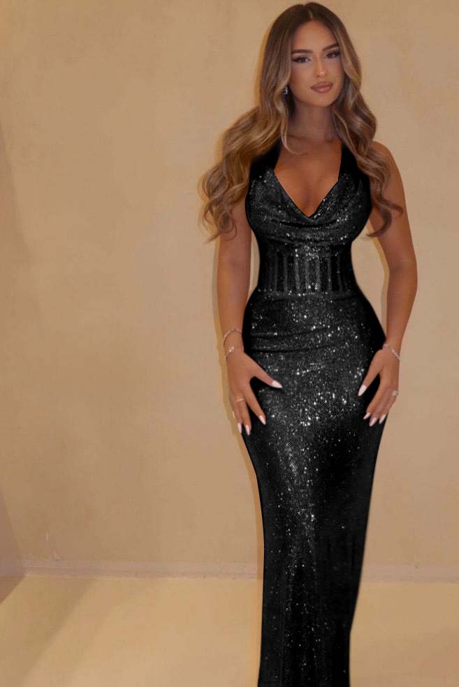 Sequin Halter Sleeveless Long Mermaid Prom Dress With Pleated