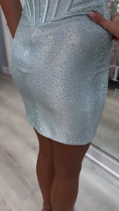 Halter Rhinestone Corset Homecoming Dress Sweetheart Bodycon Mini Open Back