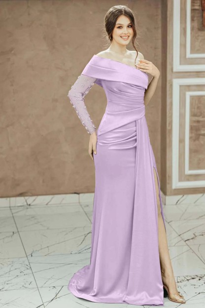 Red Beadings One Shoulder Pleated Prom Dress Split Mermaid With Long Sleeve