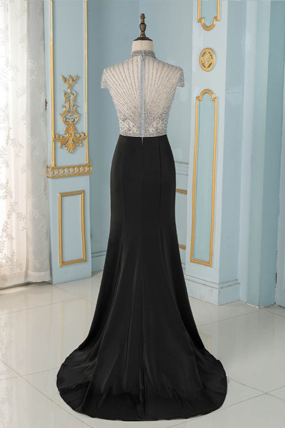 BMbridal Luxury High-Neck Short-Sleeves Mermaid Prom Dresses with Beading Top