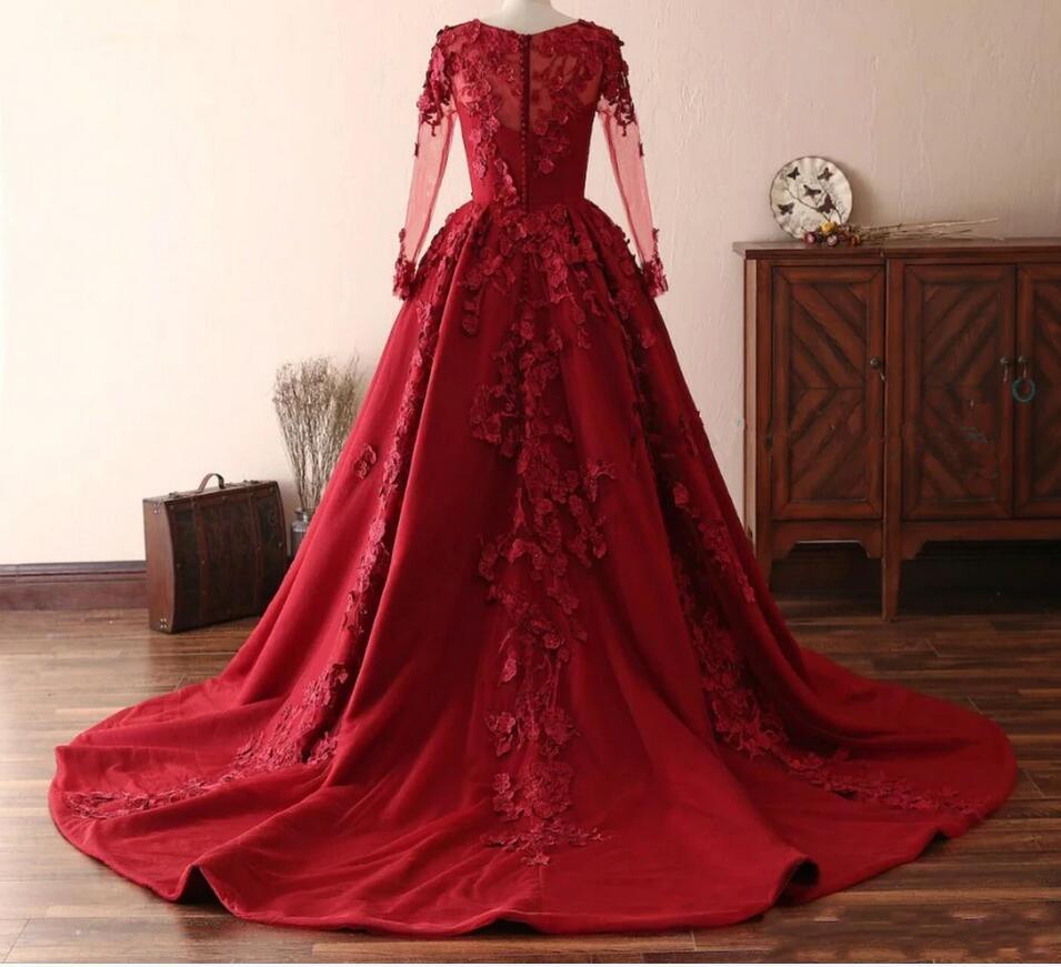 BMbridal Elegant Long Sleeve Burgundy Prom Dress Lace Evening Gowns