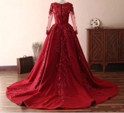 BMbridal Elegant Long Sleeve Burgundy Prom Dress Lace Evening Gowns