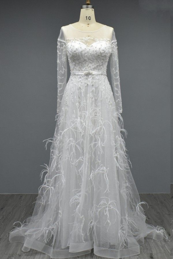 Bmbridal Long Sleeves White Evening Dress A-Line With Feather