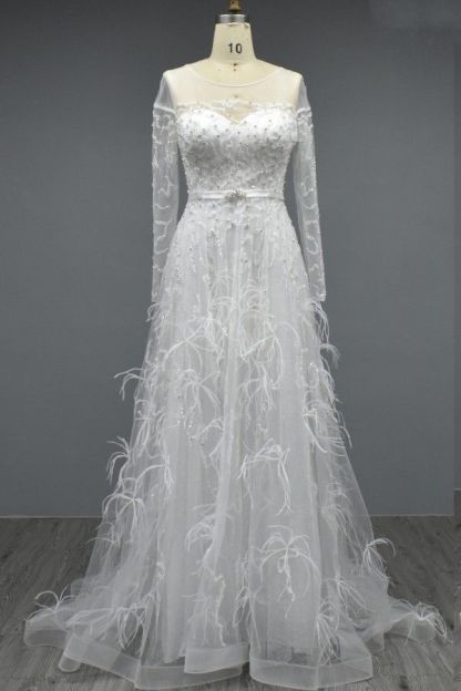 Bmbridal Long Sleeves White Evening Dress A-Line With Feather