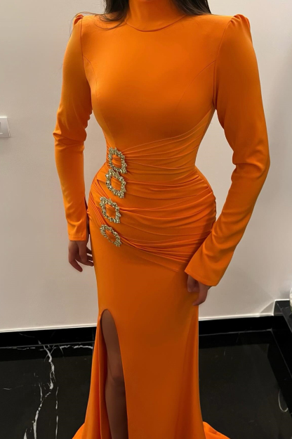 Orange High Neck Long Sleeves Mermaid Prom Dress Slit With Beads