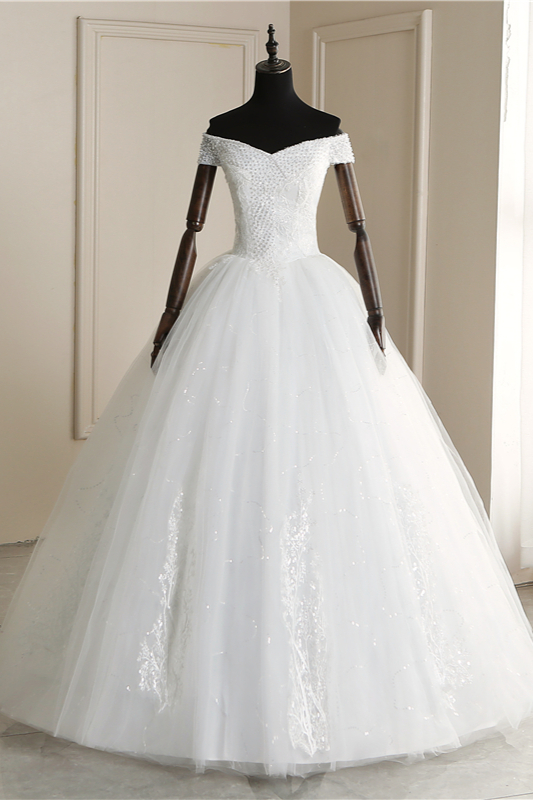 BMbridal Affordable Off-the Shoulder Sweetheart Tulle Wedding Dress Appliques Sleeveless Bridal Gowns with Pearls-BMbridal