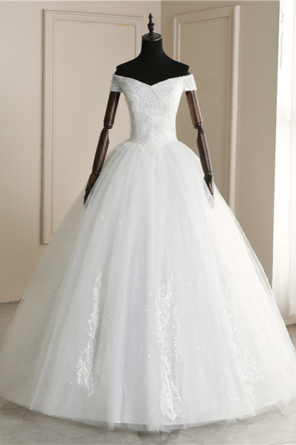 BMbridal Affordable Off-the Shoulder Sweetheart Tulle Wedding Dress Appliques Sleeveless Bridal Gowns with Pearls-BMbridal