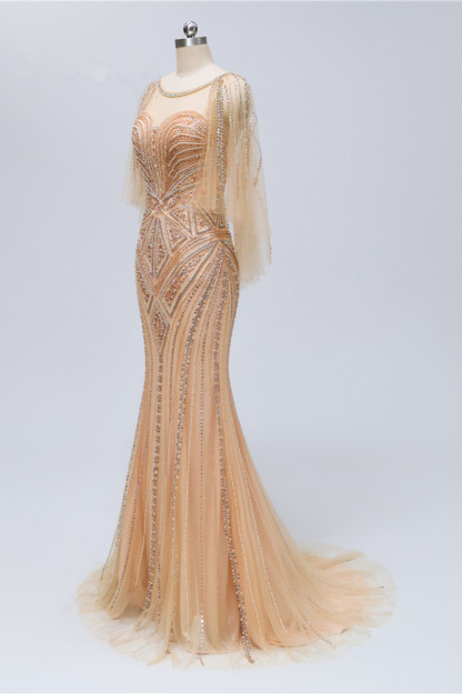 BMbridal Elegant Tulle Beadings Gold Mermaid Prom Dresses Short Sleeves Rhinestones Evening Dresses Online-BMbridal