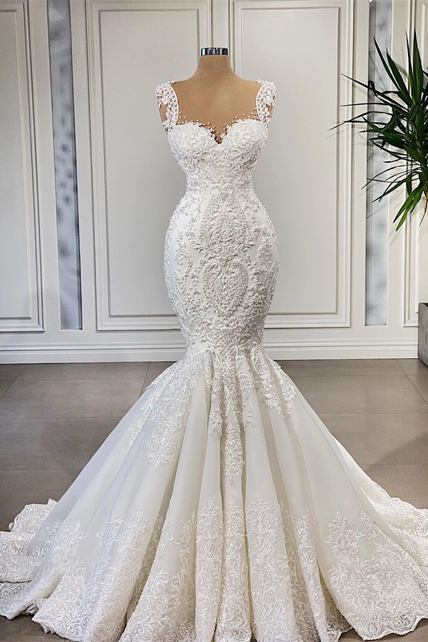 Bmbridal Straps Lace Wedding Dress Mermaid Sleeveless Online-BMbridal