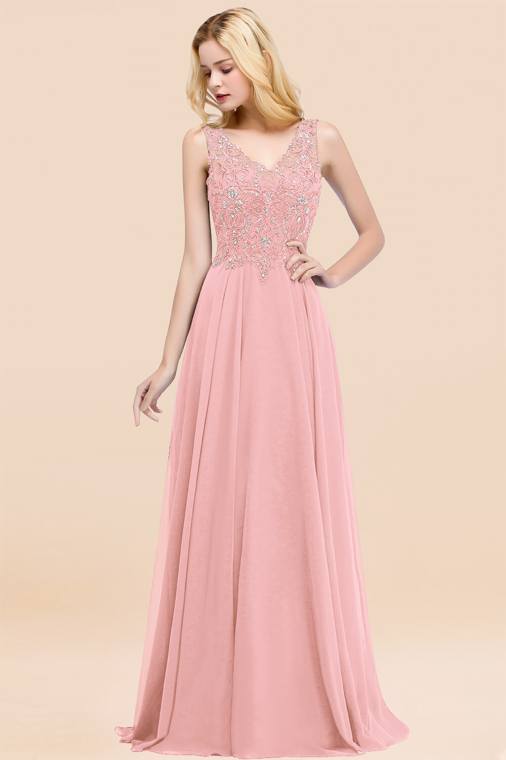 BMbridal Affordable Lace V-Neck Navy Bridesmaid Dresses With Appliques-BMbridal