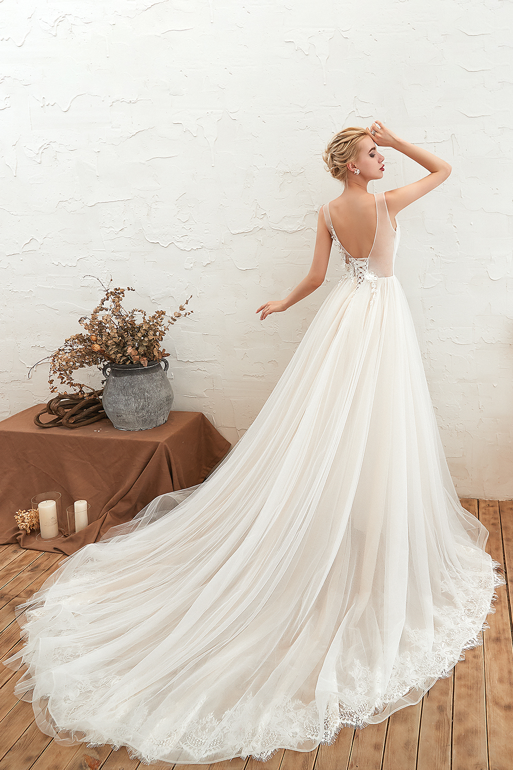 BMbridal Affordable Tulle V-Neck Ruffle Long Wedding Dress with Appliques