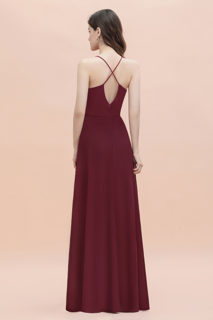 BMbridal Sexy V-neck Burgundy Chiffon Bridesmaid Dress Spaghetti Straps Lace Sequins Evening Dress