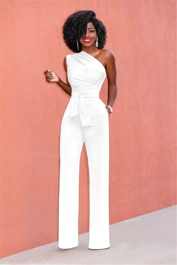Concise Black One-Shoulder Daily Women's Jump Suit