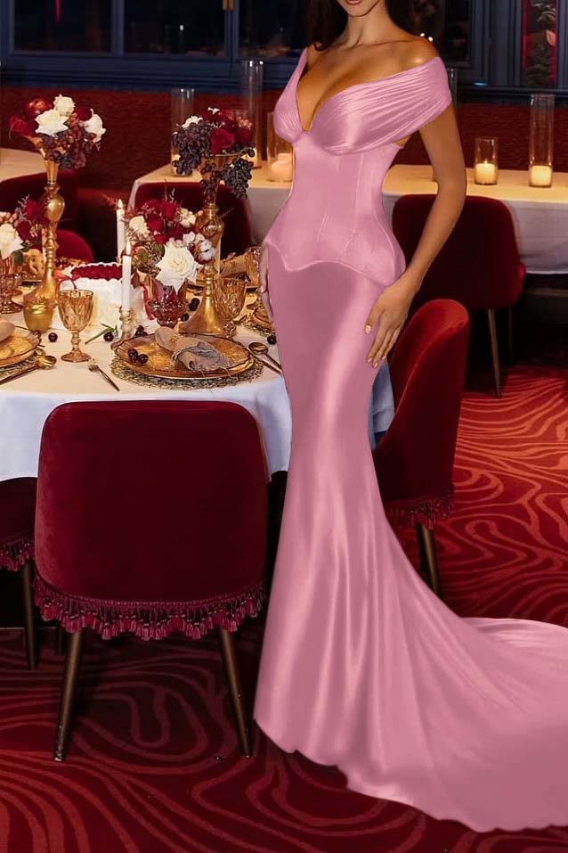 Off the Shoulder Sleeveless Long Mermaid Prom Dress With Pleated