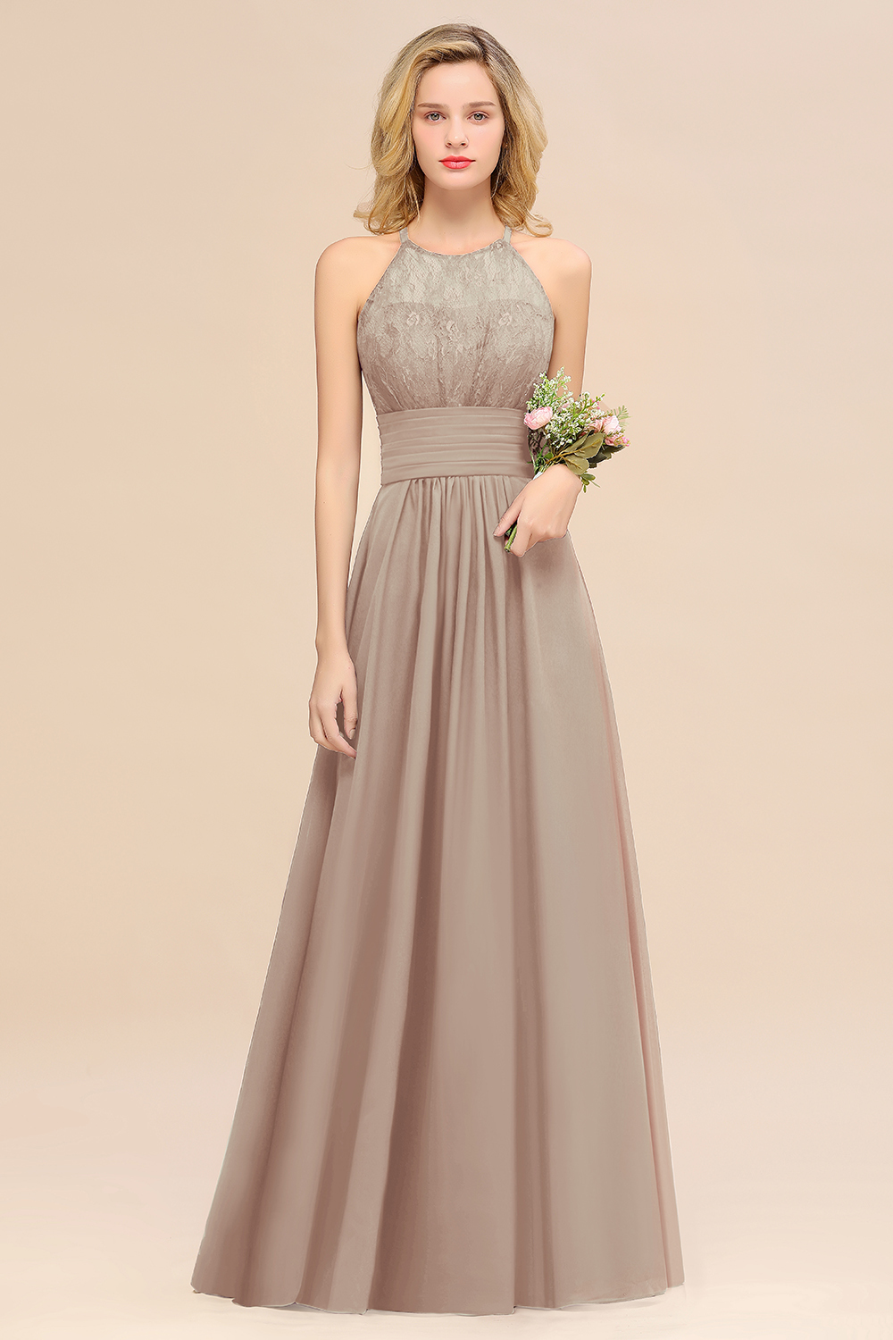 BMbridal Elegant Halter Ruffles Sleeveless Grape Lace Bridesmaid Dresses Affordable-BMbridal