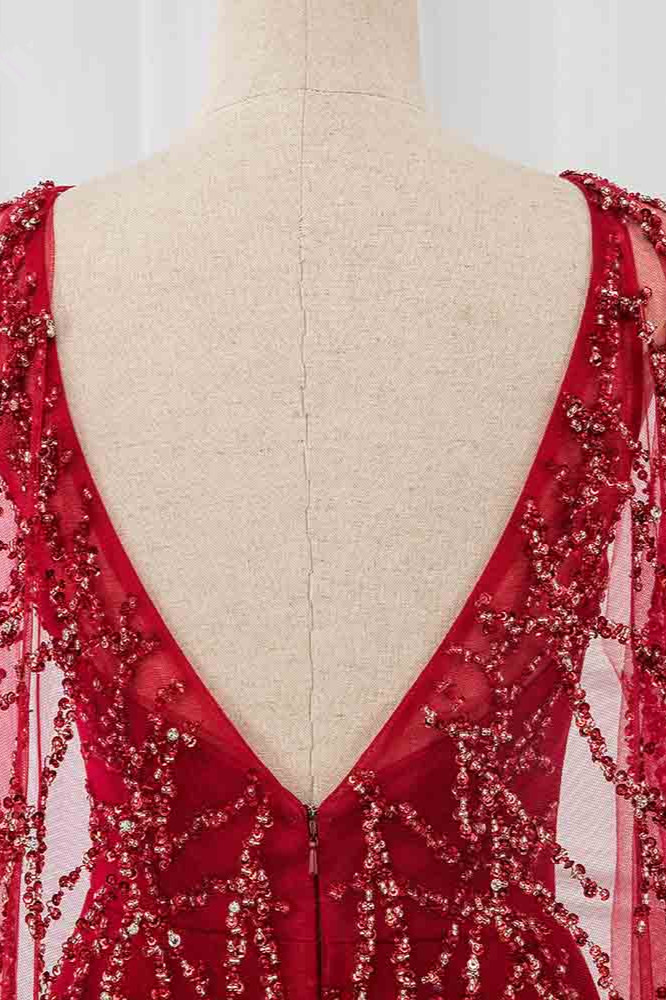 BMbridal Gorgeous Tulle Jewel Ruffle Burgundy Prom Dresses with Beadings Online