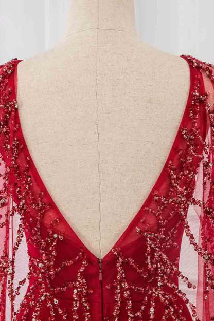 BMbridal Gorgeous Tulle Jewel Ruffle Burgundy Prom Dresses with Beadings Online