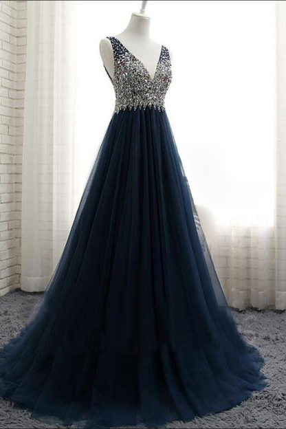 BMbridal Affordable Dark Navy Tulle V-Neck Prom Dresses Ruffle Appliques beadings Party Dresses On Sale-BMbridal