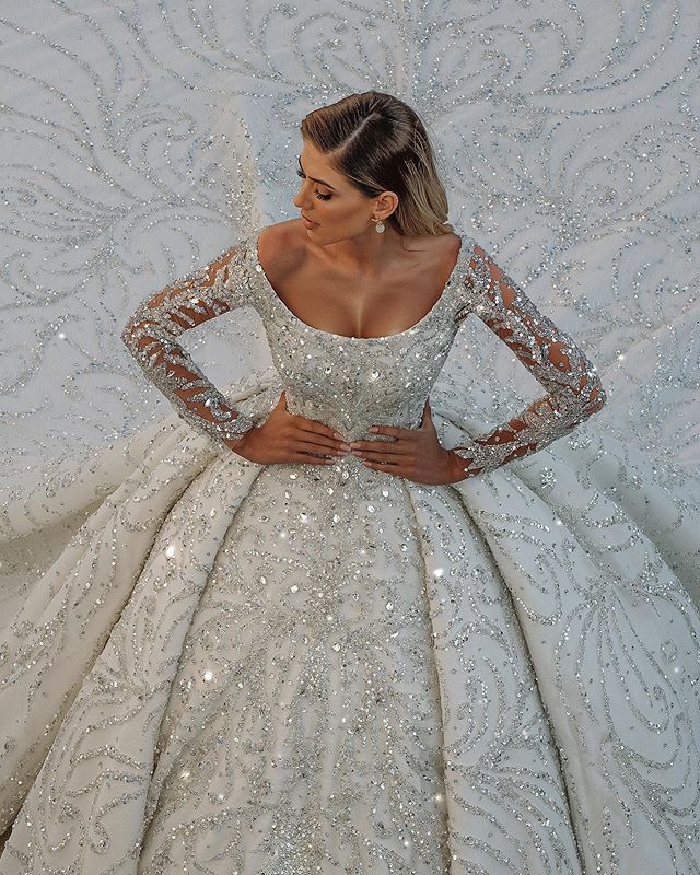 Stunning Satin Off-the-Shoulder Backless Long Ball Gown Wedding Dress with Crystal Sequins