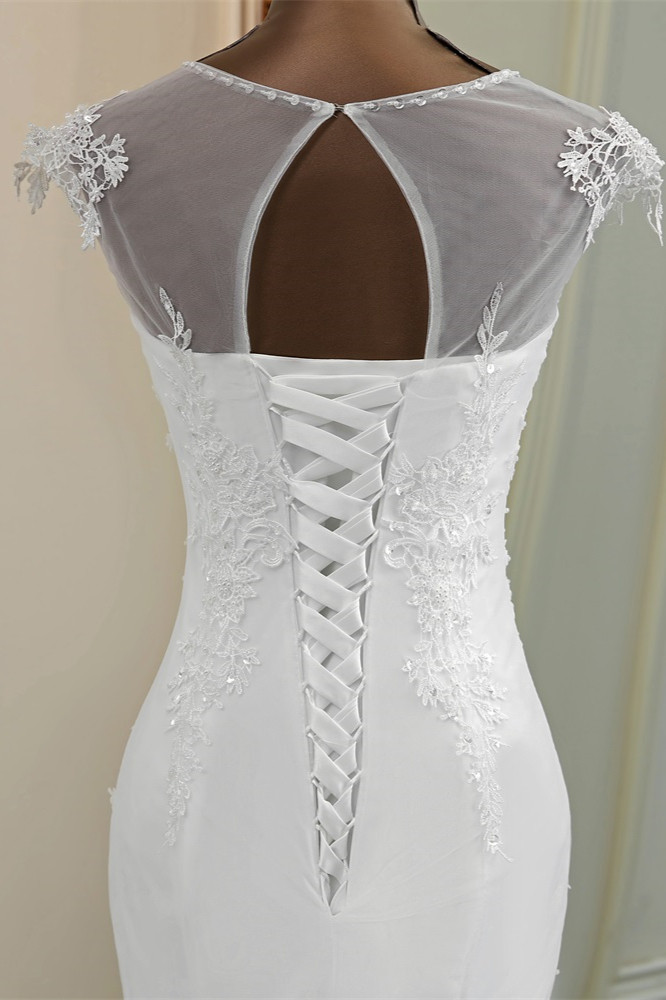 BMbridal Elegant Jewel Sleeveless White Lace Mermaid Wedding Dresses with Rhinestone Appliques