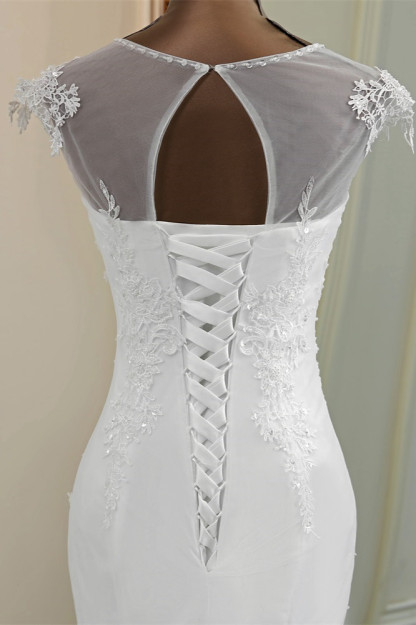 BMbridal Elegant Jewel Sleeveless White Lace Mermaid Wedding Dresses with Rhinestone Appliques