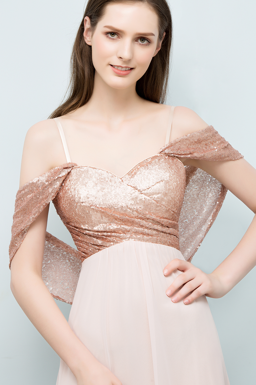 BMbridal A-line Sweetheart Off-shoulder Spaghetti Long Sequins Chiffon Prom Dress