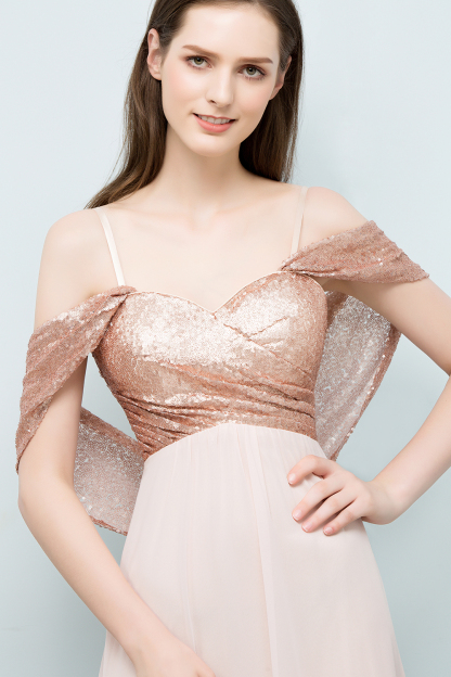 BMbridal A-line Sweetheart Off-shoulder Spaghetti Long Sequins Chiffon Prom Dress