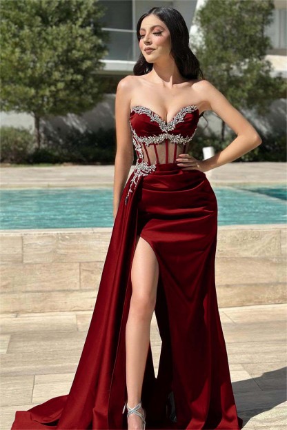 Stunning Black Strapless Sleeveless Long Split Pleated Prom Dress With Beading