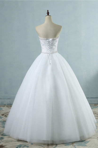 BMbridal Affordable Strapless Tulle Lace Wedding Dresses Sweetheart Sleeveless Bridal Gowns with Pearls Online-BMbridal