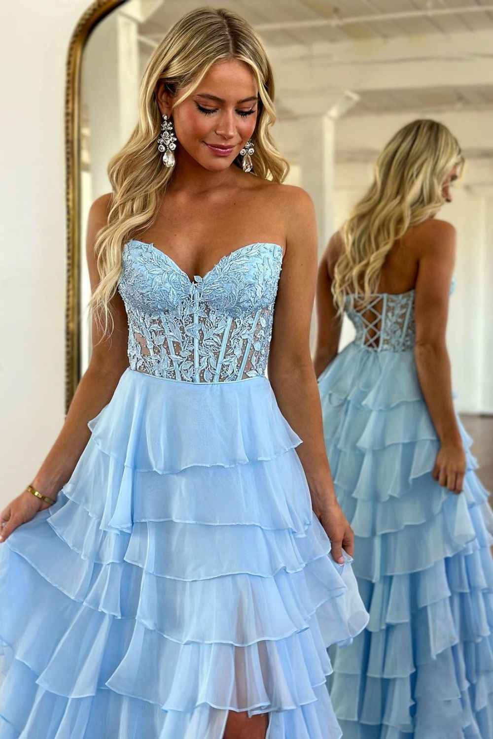 A Line Sweetheart Light Blue Long Tiered Chiffon Prom Dress with Appliques