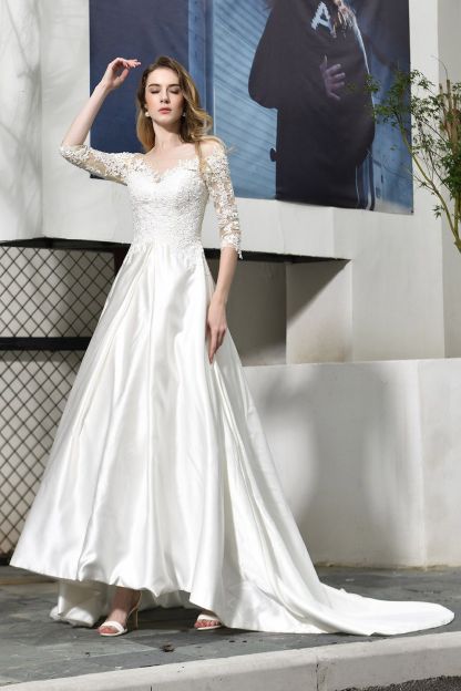 BMbridal Elegant A-Line Satin Lace 3/4 Sleeves Ankle Length Wedding Dress