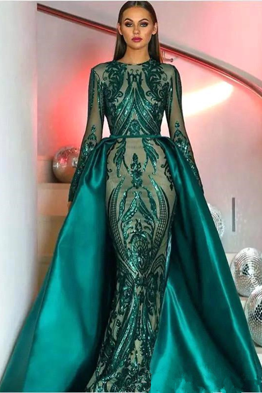 Bmbridal Dark Green Long Sleeves Mermaid Prom Dress Detachable Skirt Sequins