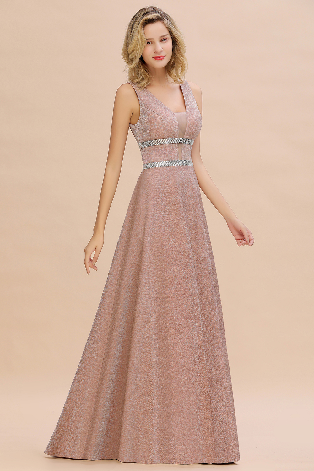 BMbridal Shinning V-Neck Sleeveless Long Prom Dress Online With Zipper Back