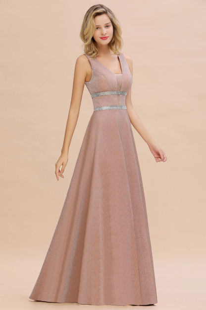 BMbridal Shinning V-Neck Sleeveless Long Prom Dress Online With Zipper Back