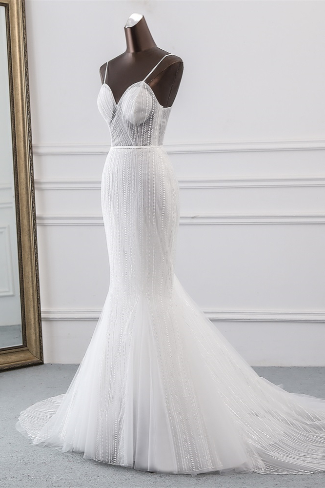 BMbridal Sexy Tulle Spaghetti Straps Mermaid White Wedding Dresses with Rhinestones Online
