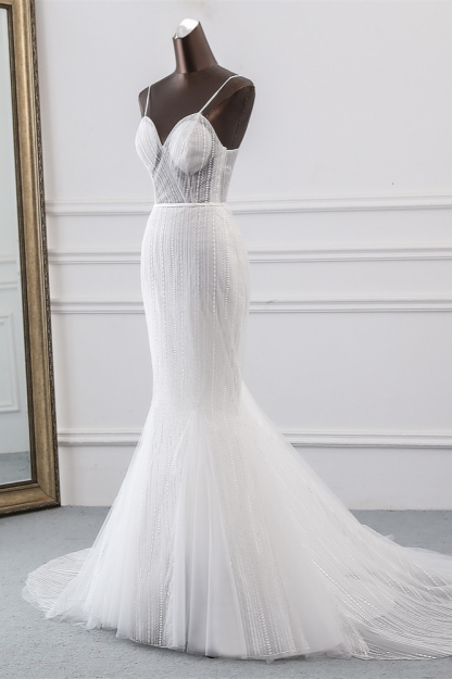 BMbridal Sexy Tulle Spaghetti Straps Mermaid White Wedding Dresses with Rhinestones Online