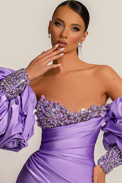 Charming Purple Strapless Mermaid Long Prom Dress With Appliques Puff Sleeves