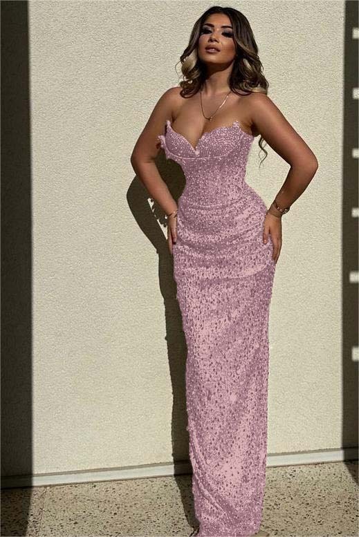 Chic Sequins Strapless Sleeveless High Waist Long Prom Dress With Beadings