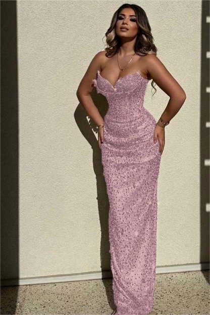 Chic Sequins Strapless Sleeveless High Waist Long Prom Dress With Beadings