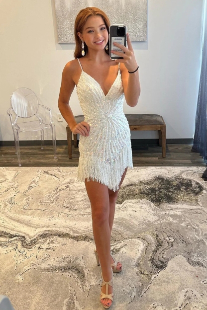 Sparkly White Beaded Tight Short Homecoming Dress with Fringes