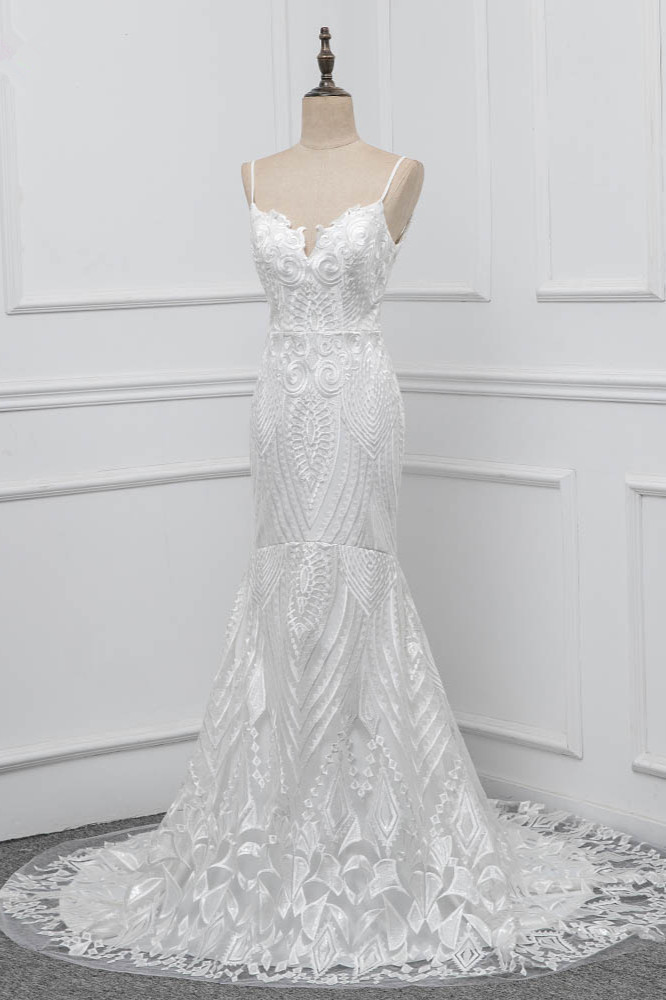 BMbridal Chic Spaghetti Straps V-Neck White Wedding Dresses Appliques Sleeveless Bridal Gowns On Sale-BMbridal