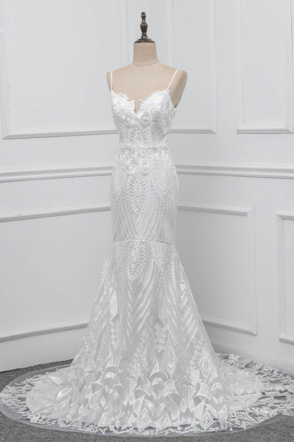 BMbridal Chic Spaghetti Straps V-Neck White Wedding Dresses Appliques Sleeveless Bridal Gowns On Sale-BMbridal