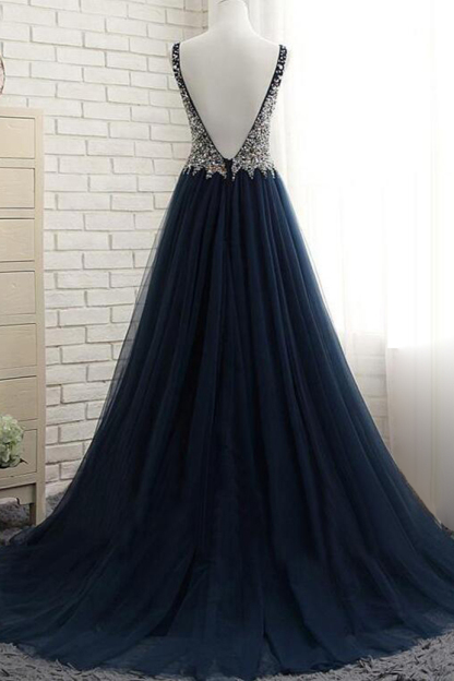 BMbridal Affordable Dark Navy Tulle V-Neck Prom Dresses Ruffle Appliques beadings Party Dresses On Sale-BMbridal