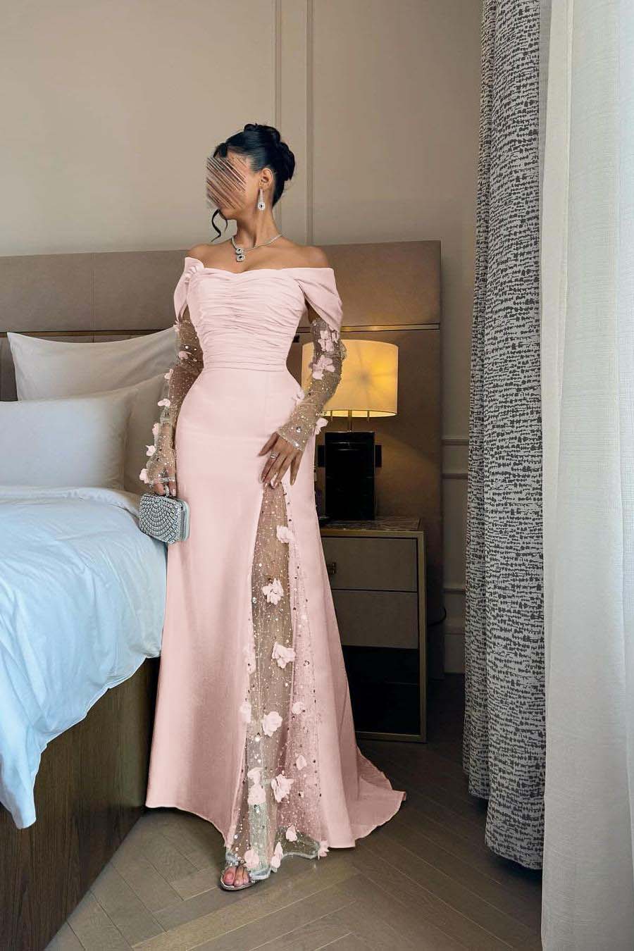 Off the Shoulder Long Sleeves Long Prom Dress With Split Appliques