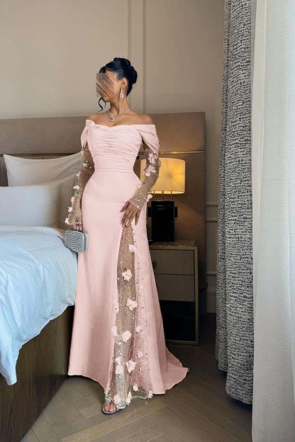 Off the Shoulder Long Sleeves Long Prom Dress With Split Appliques