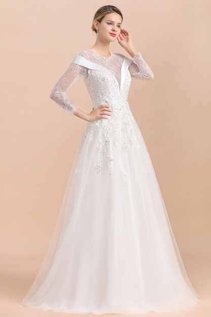 BMbridal Gorgeous Long Sleeve Lace Wedding Dress Online Appliques Bridal Gowns With Beadings